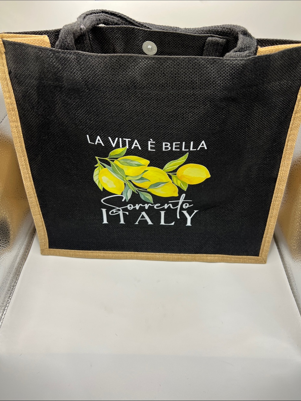 La Vita È Bella Sorrento Italy Lemon Tote Bag Black & Yellow 14” x 14 1/2” x 3”